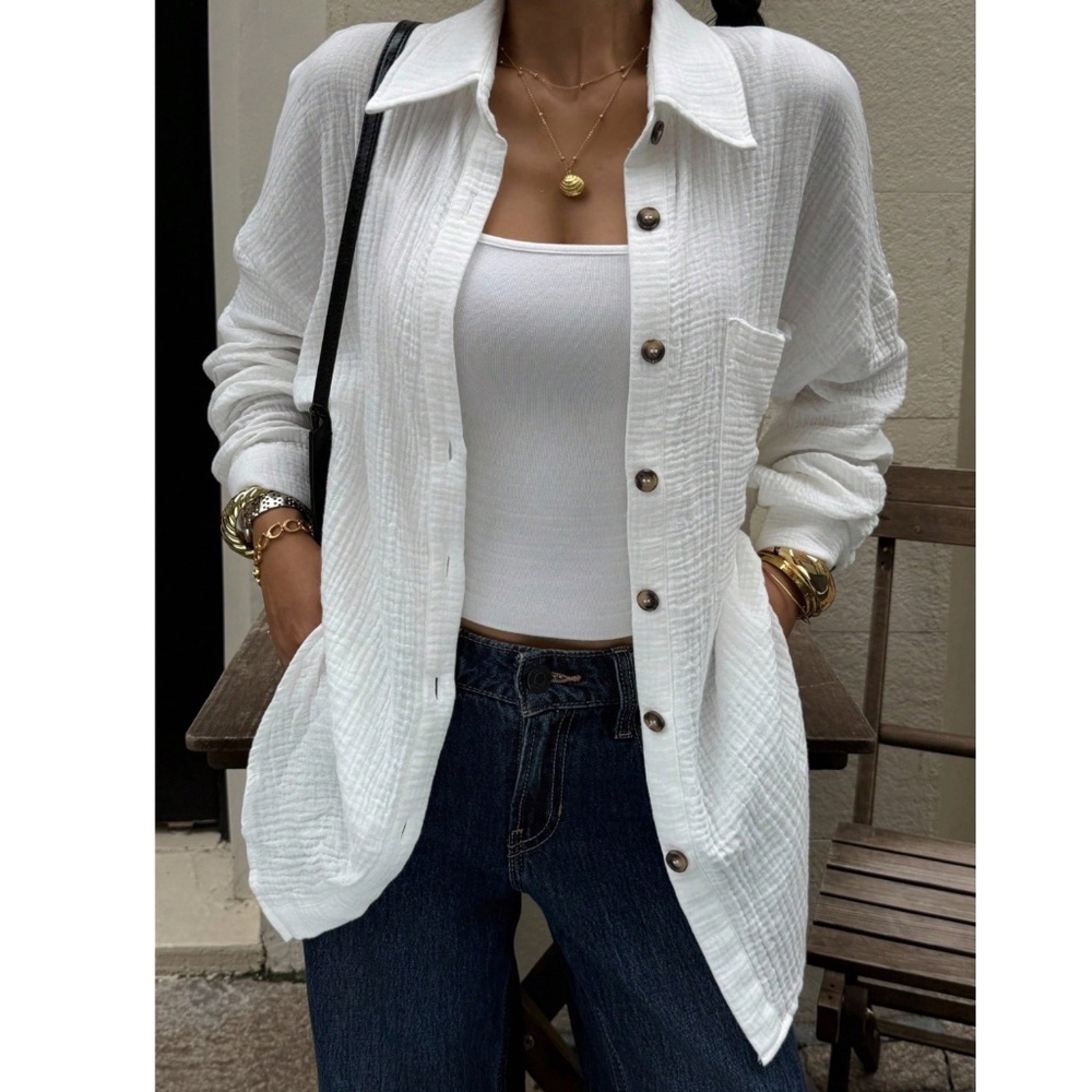 Cotton White Casual Shirt  Button Down Up Long Sleeve - Picture 8 of 16
